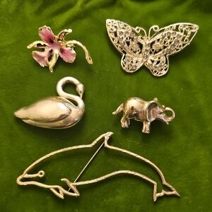 Vintage 5-pc Silvertone Animal & Butterfly Pin Lot with Pink Enamel Flower